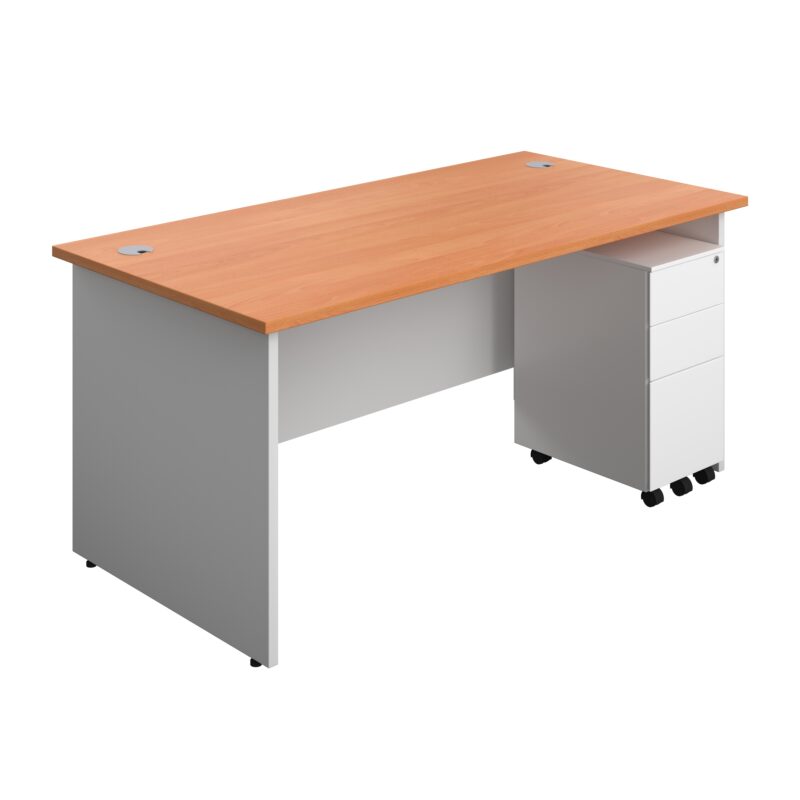 Panel Plus Rectangular Desk + 3 Drawer Slimline Steel Pedestal Bundle | 1600X800 | Beech/White