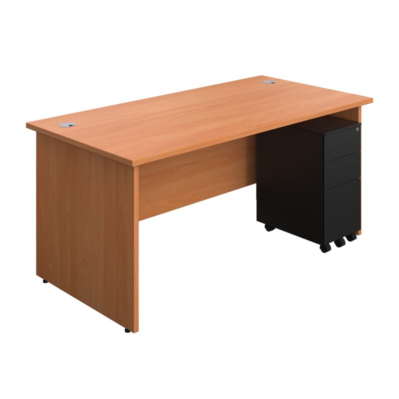 Panel Rectangular Desk + 3 Drawer Slimline Steel Pedestal Bundle | 1600X800 | Beech/Black