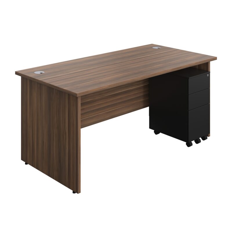 Panel Rectangular Desk + 3 Drawer Slimline Steel Pedestal Bundle | 1600X800 | Dark Walnut/Black