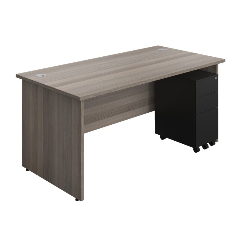 Panel Rectangular Desk + 3 Drawer Slimline Steel Pedestal Bundle | 1600X800 | Grey Oak/Black