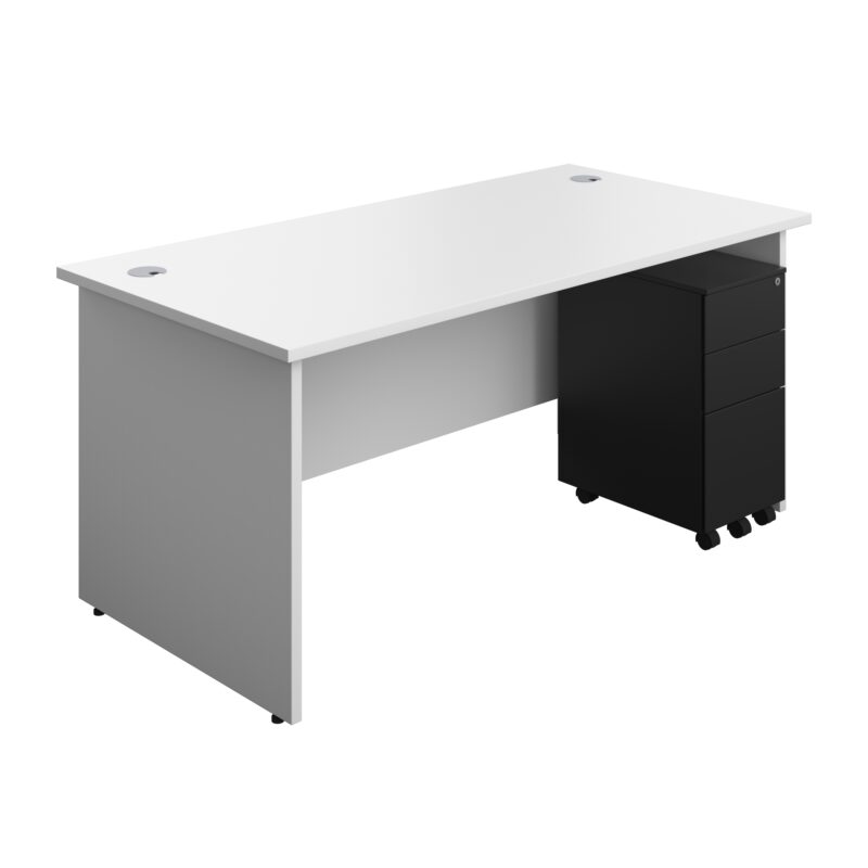 Panel Rectangular Desk + 3 Drawer Slimline Steel Pedestal Bundle | 1600X800 | White/Black