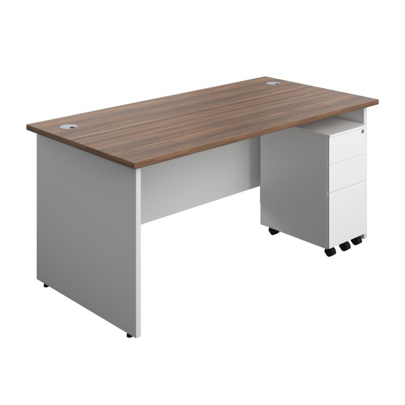 Panel Plus Rectangular Desk + 3 Drawer Slimline Steel Pedestal Bundle | 1600X800 | Dark Walnut/White