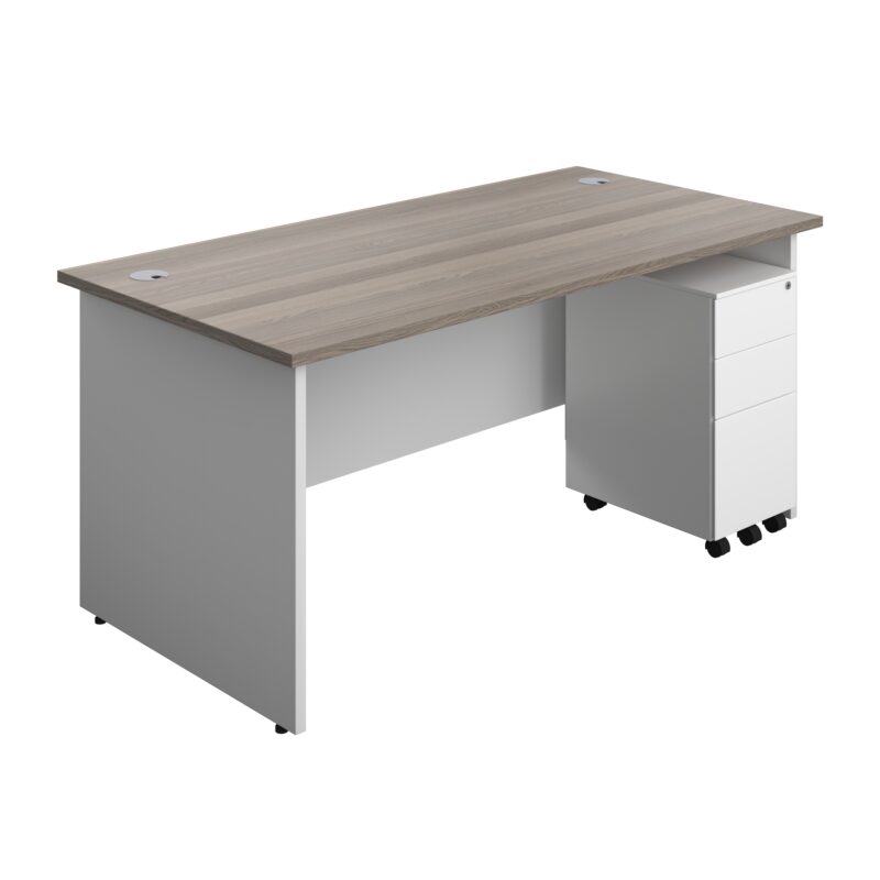 Panel Plus Rectangular Desk + 3 Drawer Slimline Steel Pedestal Bundle | 1600X800 | Grey Oak/White