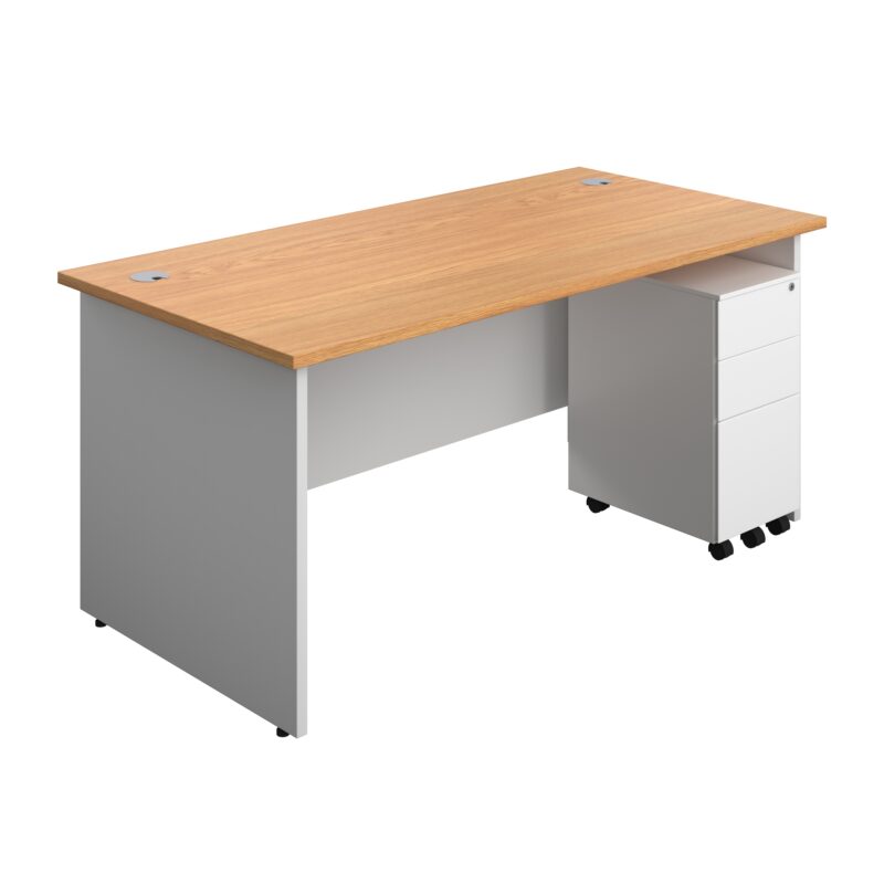 Panel Plus Rectangular Desk + 3 Drawer Slimline Steel Pedestal Bundle | 1600X800 | Nova Oak/White