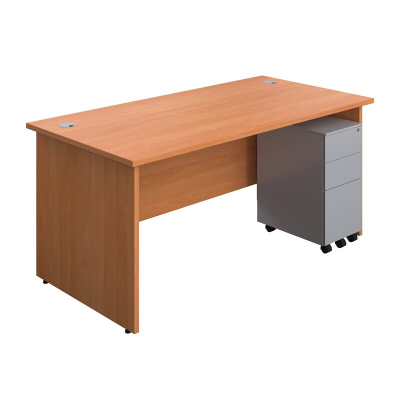 Panel Rectangular Desk + 3 Drawer Slimline Steel Pedestal Bundle | 1600X800 | Beech/Silver