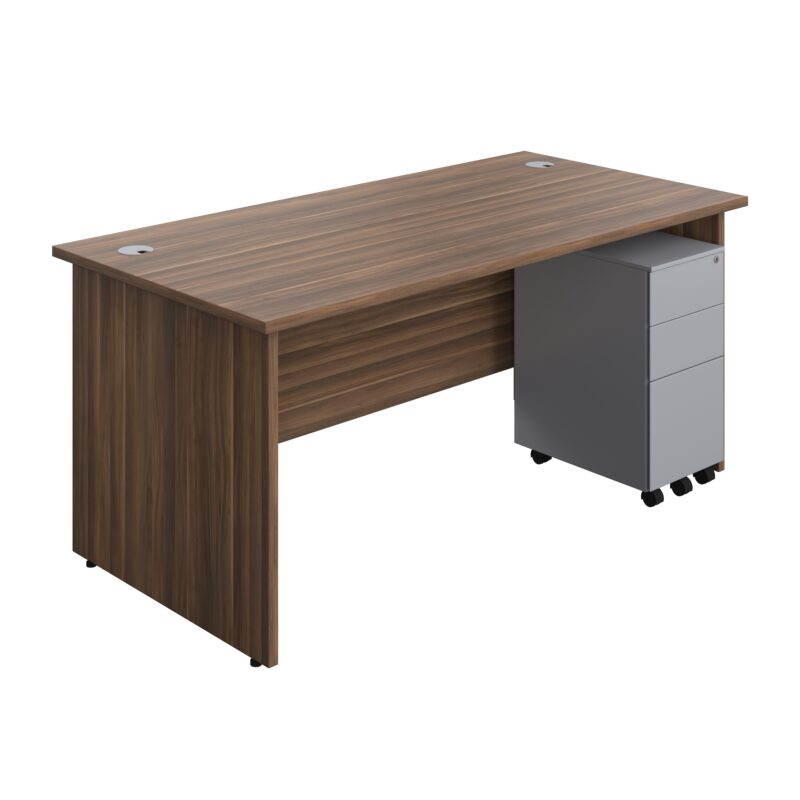 Panel Rectangular Desk + 3 Drawer Slimline Steel Pedestal Bundle | 1600X800 | Dark Walnut/Silver