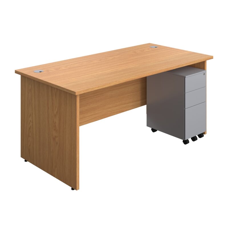 Panel Rectangular Desk + 3 Drawer Slimline Steel Pedestal Bundle | 1600X800 | Nova Oak/Silver