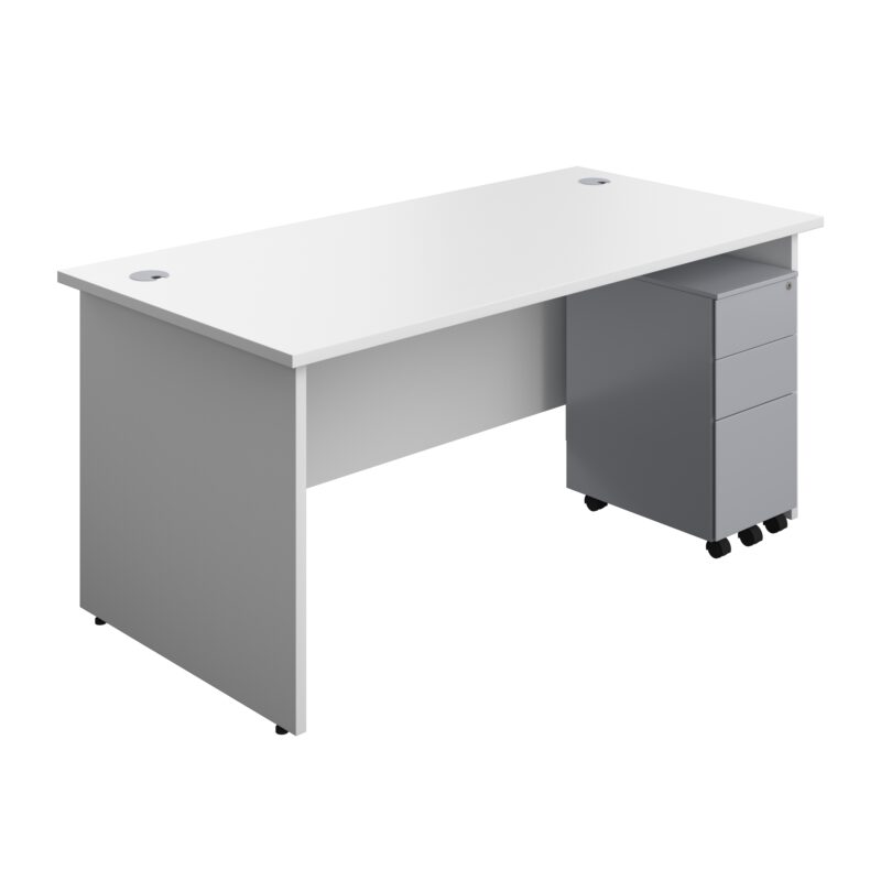 Panel Rectangular Desk + 3 Drawer Slimline Steel Pedestal Bundle | 1600X800 | White/Silver