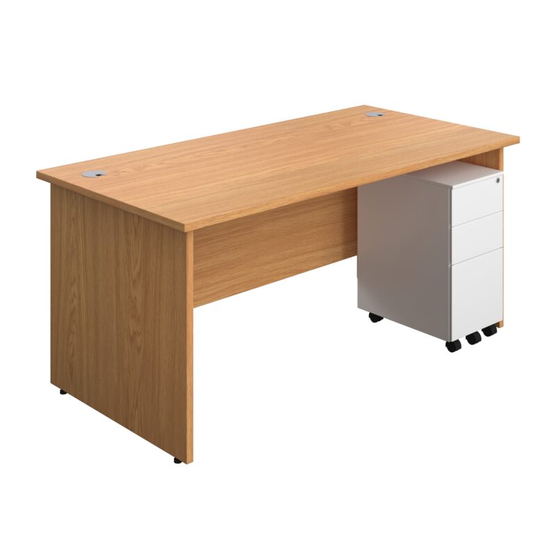 Panel Rectangular Desk + 3 Drawer Slimline Steel Pedestal Bundle | 1600X800 | Nova Oak/White