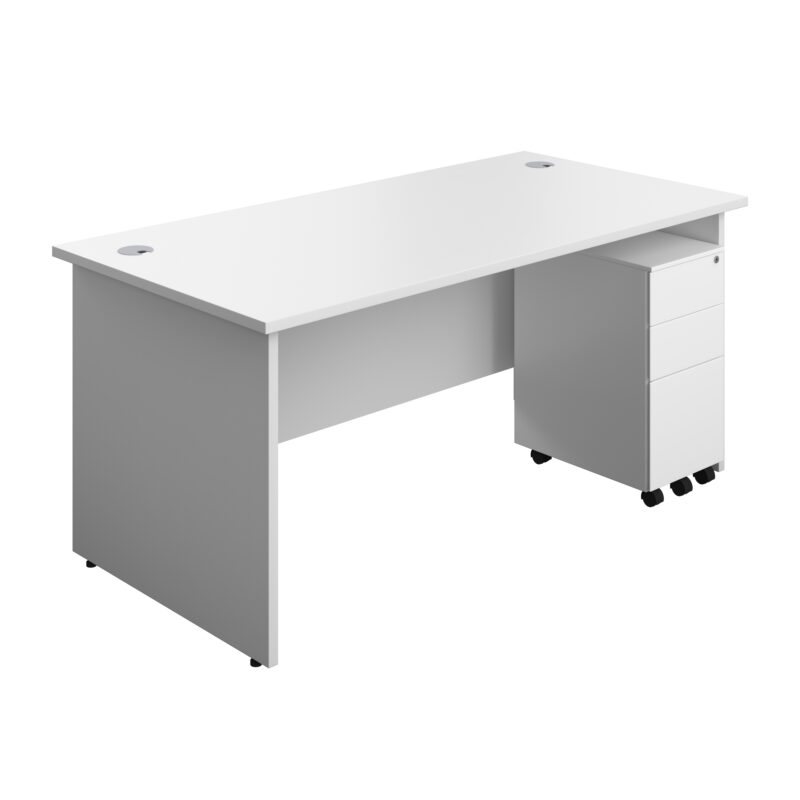 Panel Rectangular Desk + 3 Drawer Slimline Steel Pedestal Bundle | 1600X800 | White/White