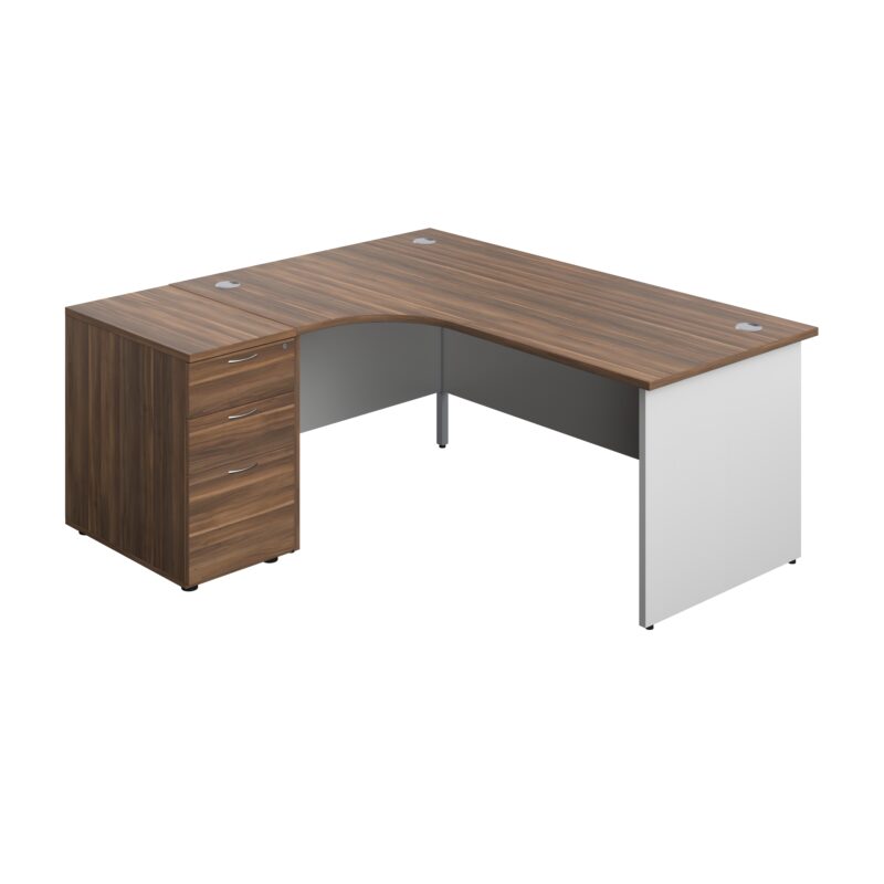 Panel Plus Left Radial Desk + Matching 3 Drawer Desk High Pedestal Bundle | 600 Pedestal | 1800X1200 | Dark Walnut/White