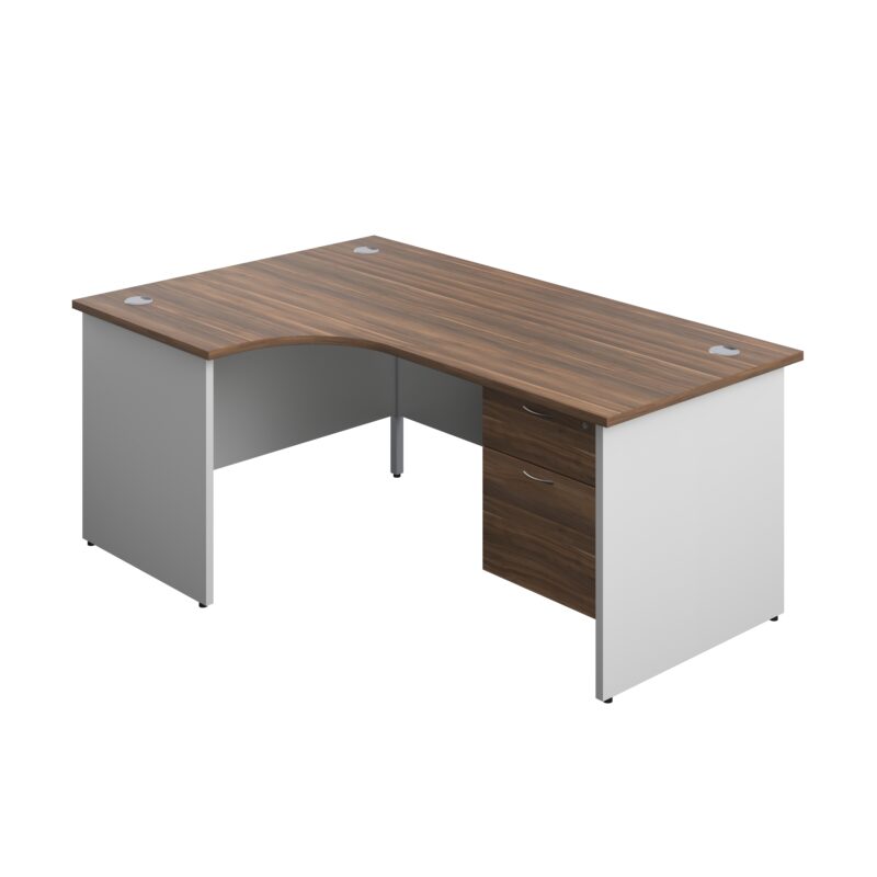 Panel Plus Left Radial Desk + 2 Drawer Fixed Pedestal Bundle | 1800X1200 | Dark Walnut/White