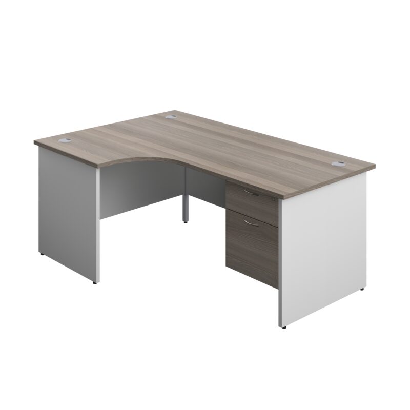 Panel Plus Left Radial Desk + 2 Drawer Fixed Pedestal Bundle | 1800X1200 | Grey Oak/White