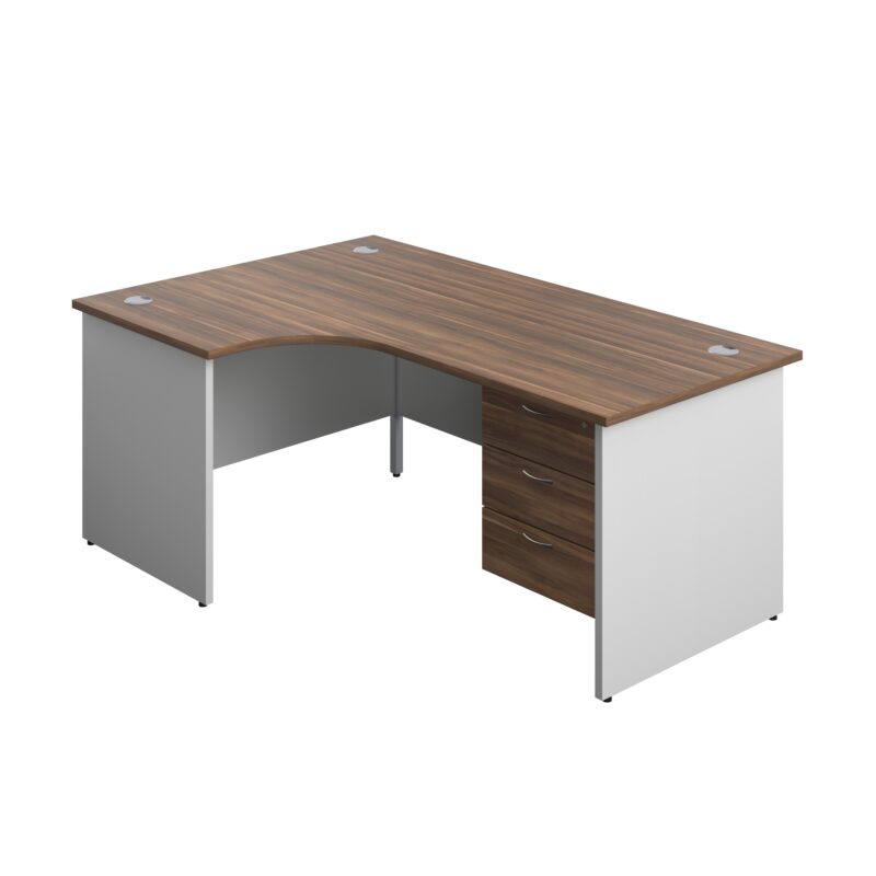 Panel Plus Left Radial Desk + 3 Drawer Fixed Pedestal Bundle | 1800X1200 | Dark Walnut/White