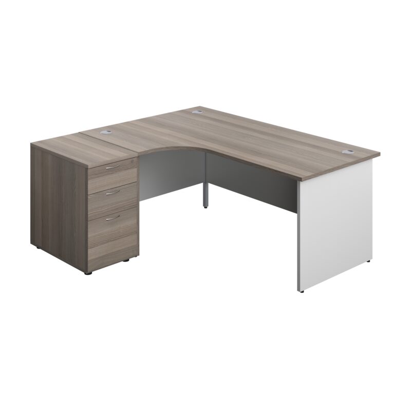 Panel Plus Left Radial Desk + Matching 3 Drawer Desk High Pedestal Bundle | 600 Pedestal | 1800X1200 | Grey Oak/White