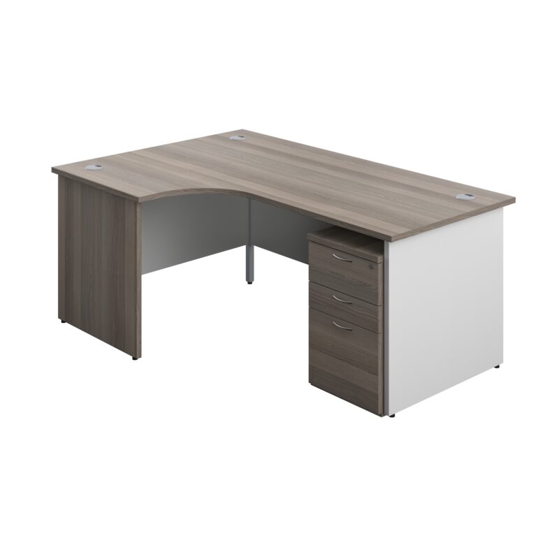 Panel Plus Left Radial Desk + 3 Drawer High Mobile Pedestal Bundle | 1800X1200 | Grey Oak/White