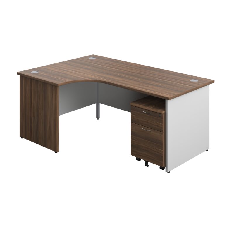 Panel Plus Left Radial Desk + 2 Drawer Mobile Pedestal Bundle | 1800X1200 | Dark Walnut/White