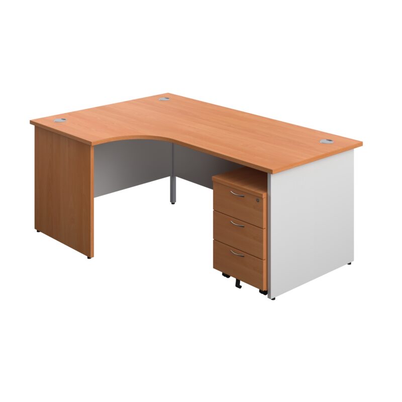 Panel Plus Left Radial Desk + 3 Drawer Mobile Pedestal Bundle | 1800X1200 | Beech/White