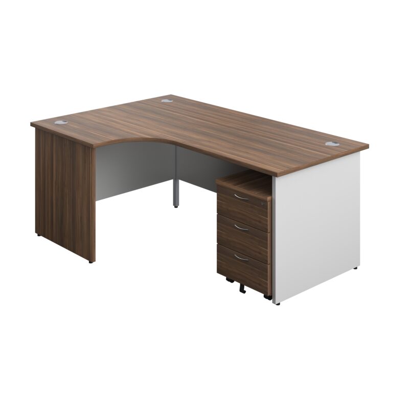 Panel Plus Left Radial Desk + 3 Drawer Mobile Pedestal Bundle | 1800X1200 | Dark Walnut/White