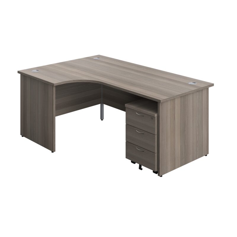 Panel Left Hand Radial Desk + 3 Drawer Mobile Pedestal Bundle | 1800X1200 | Grey Oak/Grey Oak