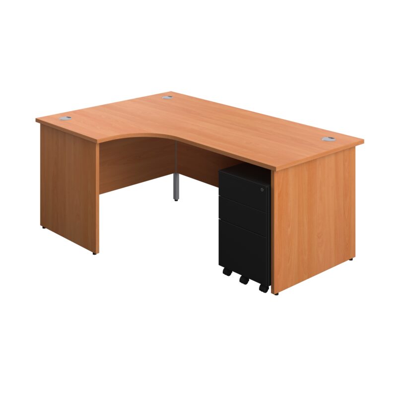 Panel Left Hand Radial Desk + 3 Drawer Steel Mobile Pedestal Bundle | 1800X1200 | Beech/Black