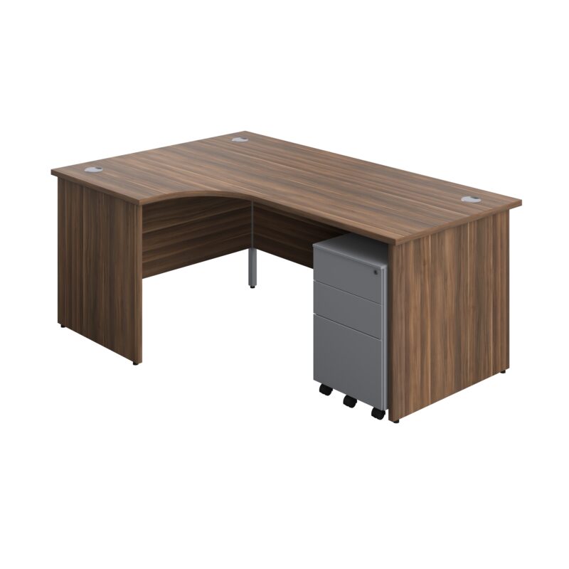 Panel Left Hand Radial Desk + 3 Drawer Steel Mobile Pedestal Bundle | 1800X1200 | Dark Walnut/Silver