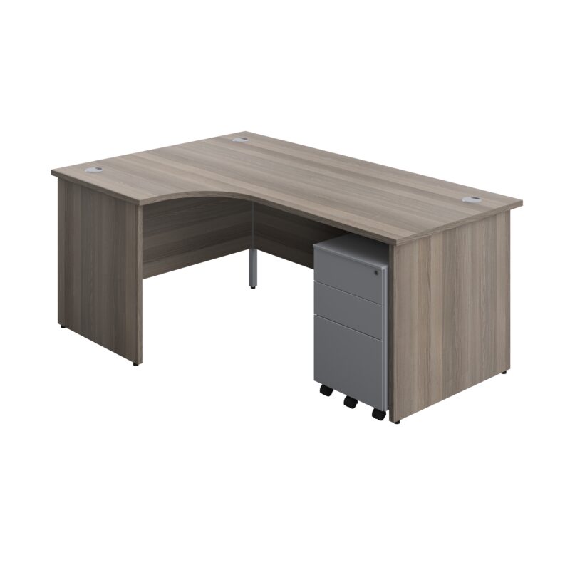 Panel Left Hand Radial Desk + 3 Drawer Steel Mobile Pedestal Bundle | 1800X1200 | Grey Oak/Silver