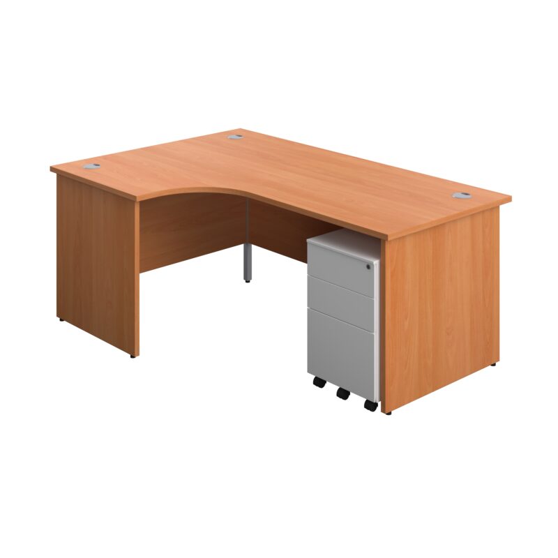 Panel Left Hand Radial Desk + 3 Drawer Steel Mobile Pedestal Bundle | 1800X1200 | Beech/White