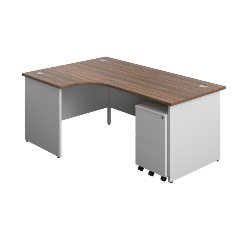 Panel Plus Left Radial Desk + 3 Drawer Steel Mobile Pedestal Bundle | 1800X1200 | Dark Walnut/White