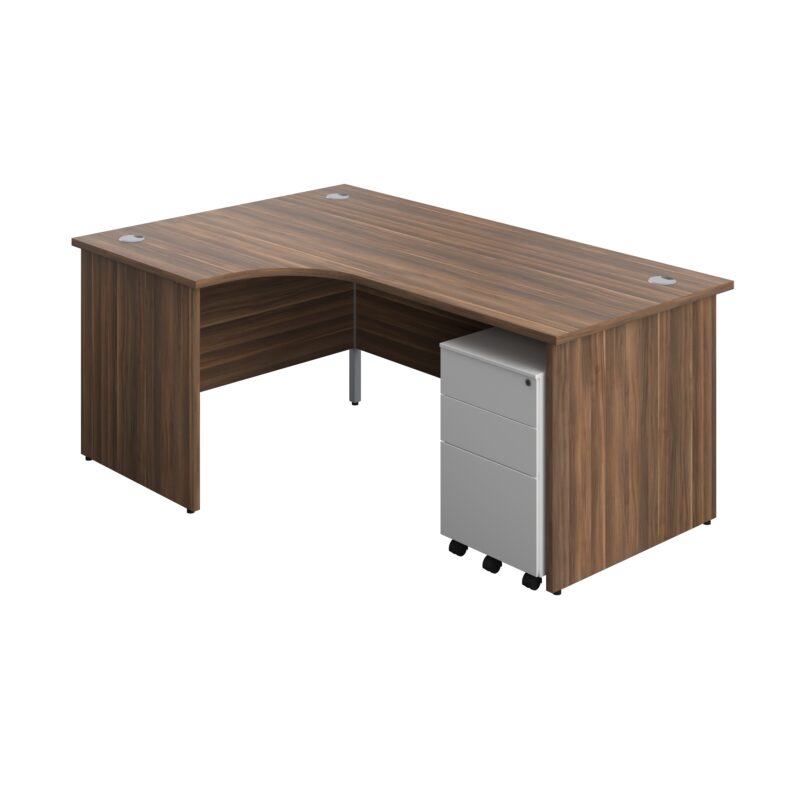 Panel Left Hand Radial Desk + 3 Drawer Steel Mobile Pedestal Bundle | 1800X1200 | Dark Walnut/White