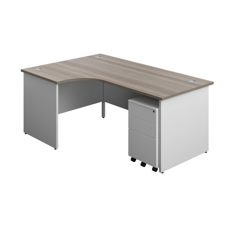 Panel Plus Left Radial Desk + 3 Drawer Steel Mobile Pedestal Bundle | 1800X1200 | Grey Oak/White