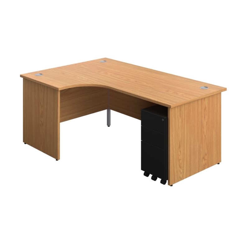 Panel Left Hand Radial Desk + 3 Drawer Slimline Steel Mobile Pedestal Bundle | 1800X1200 | Nova Oak/Black