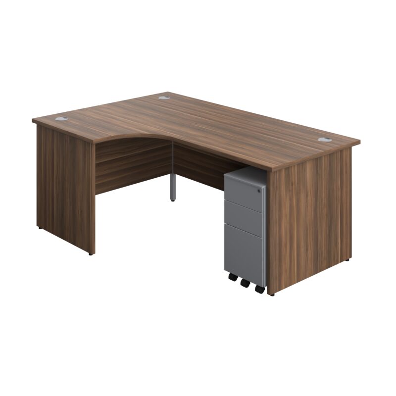 Panel Left Hand Radial Desk + 3 Drawer Slimline Steel Mobile Pedestal Bundle | 1800X1200 | Dark Walnut/Silver