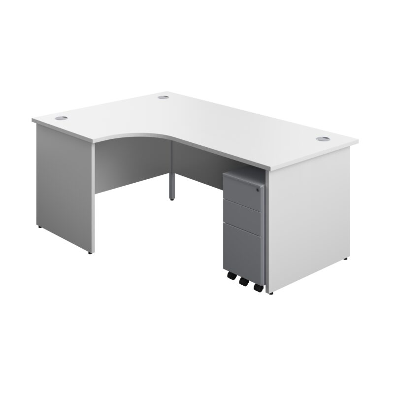 Panel Left Hand Radial Desk + 3 Drawer Slimline Steel Mobile Pedestal Bundle | 1800X1200 | White/Silver