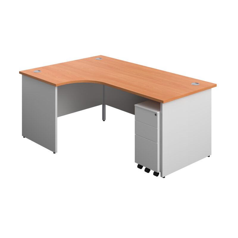 Panel Plus Left Radial Desk + 3 Drawer White Slimline Steel Mobile Pedestal Bundle | 1800X1200 | Beech/White