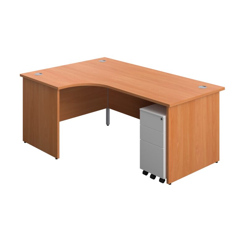 Panel Left Hand Radial Desk + 3 Drawer Slimline Steel Mobile Pedestal Bundle | 1800X1200 | Beech/White