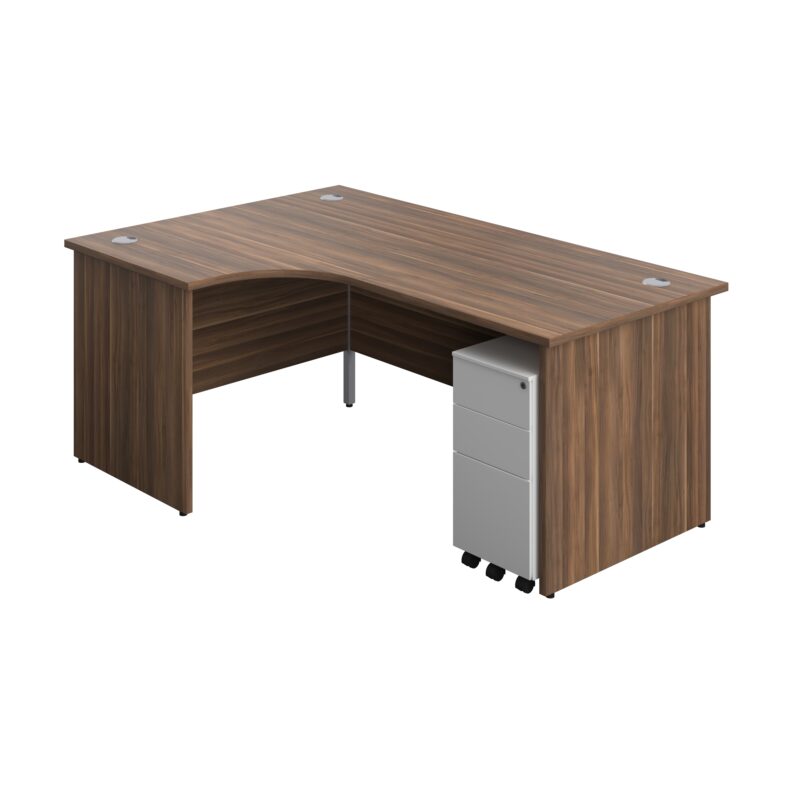 Panel Left Hand Radial Desk + 3 Drawer Slimline Steel Mobile Pedestal Bundle | 1800X1200 | Dark Walnut/White