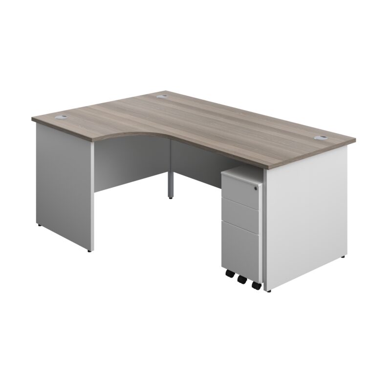 Panel Plus Left Radial Desk + 3 Drawer White Slimline Steel Mobile Pedestal Bundle | 1800X1200 | Grey Oak/White