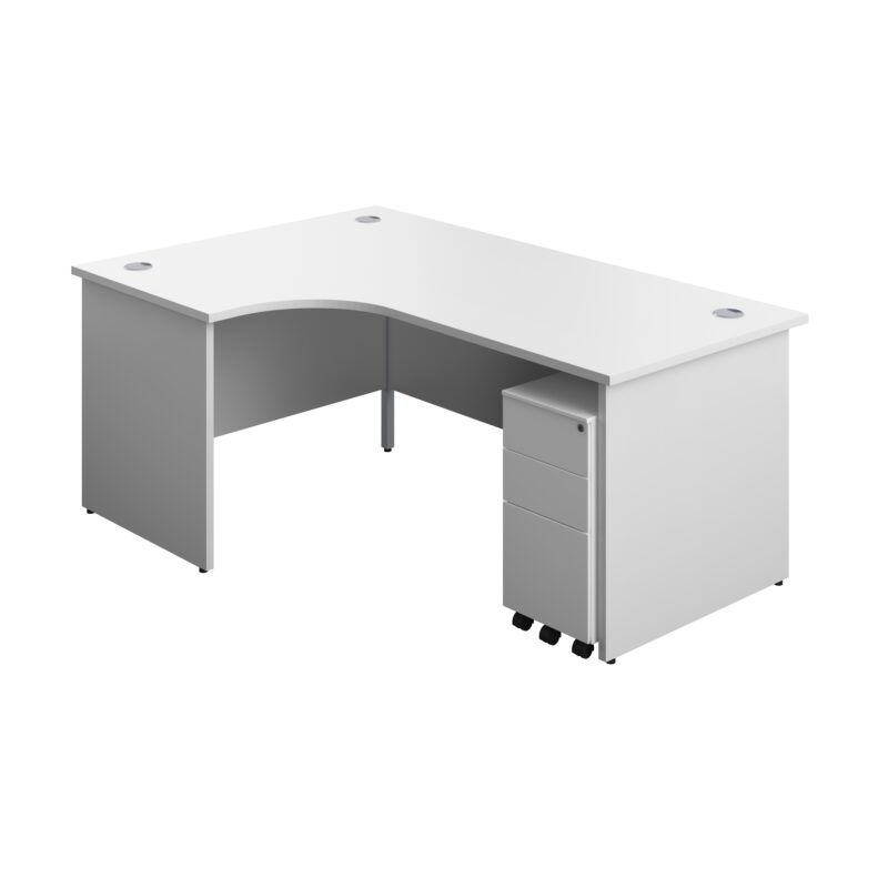 Panel Left Hand Radial Desk + 3 Drawer Slimline Steel Mobile Pedestal Bundle | 1800X1200 | White/White