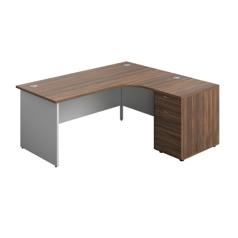 Panel Plus Right Radial Desk + Matching 3 Drawer Desk High Pedestal Bundle | 600 Pedestal | 1800X1200 | Dark Walnut/White