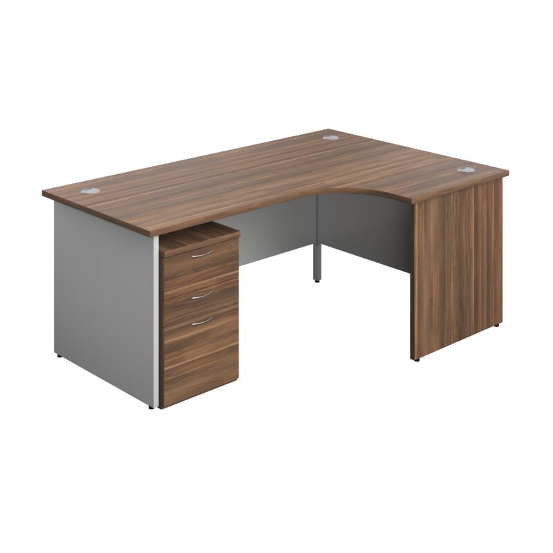 Panel Plus Right Radial Desk + 3 Drawer High Mobile Pedestal Bundle | 1800X1200 | Dark Walnut/White