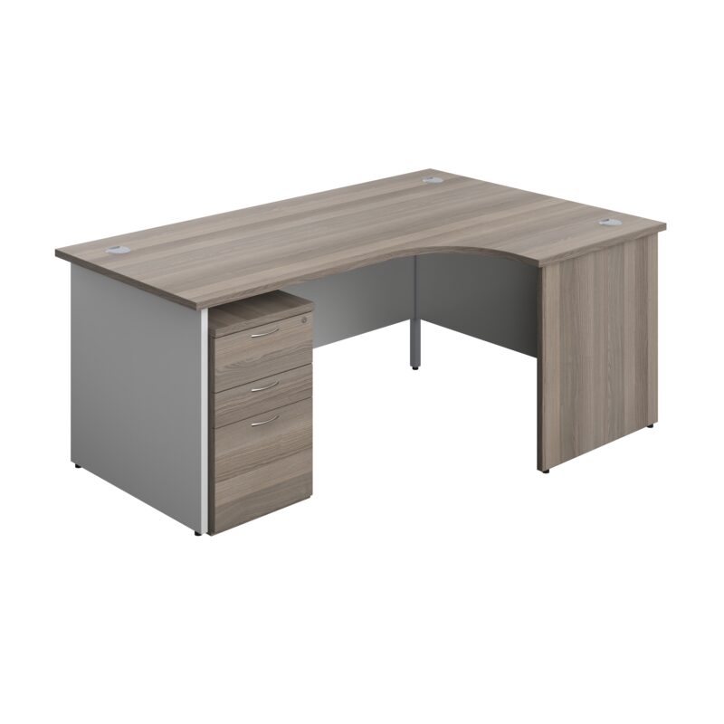 Panel Plus Right Radial Desk + 3 Drawer High Mobile Pedestal Bundle | 1800X1200 | Grey Oak/White