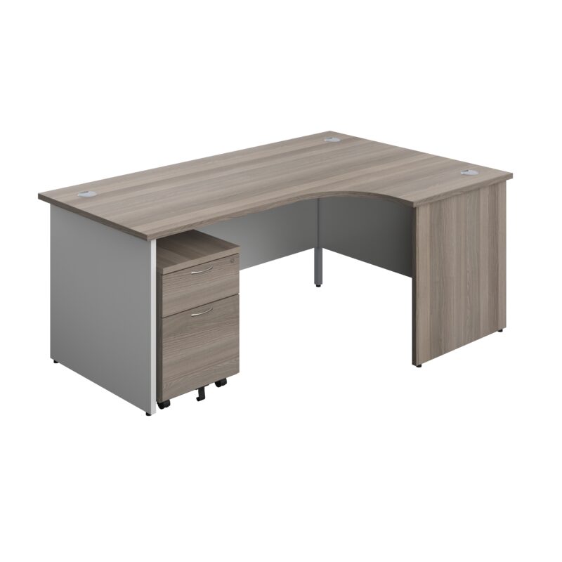 Panel Plus Right Radial Desk + 2 Drawer Mobile Pedestal Bundle | 1800X1200 | Grey Oak/White