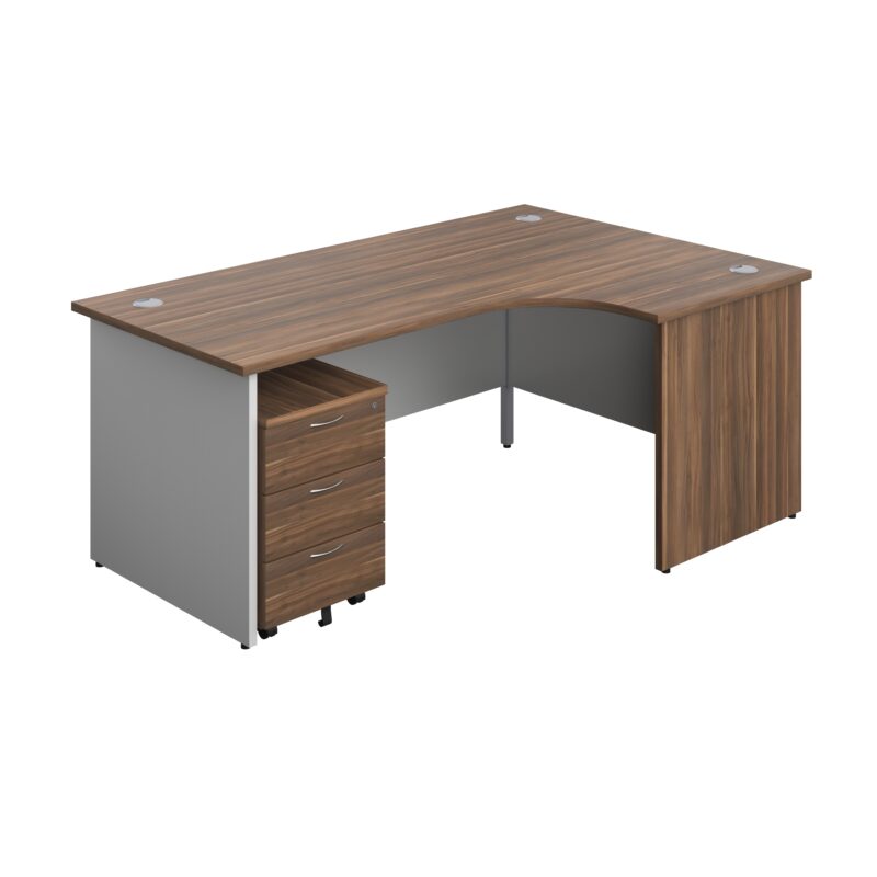 Panel Plus Right Radial Desk + 3 Drawer Mobile Pedestal Bundle | 1800X1200 | Dark Walnut/White