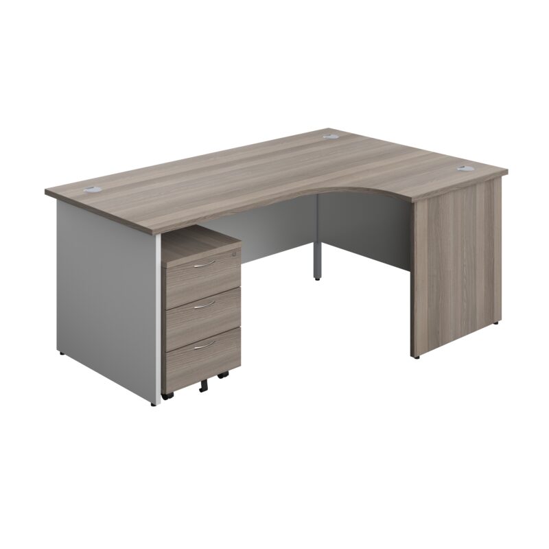 Panel Plus Right Radial Desk + 3 Drawer Mobile Pedestal Bundle | 1800X1200 | Grey Oak/White