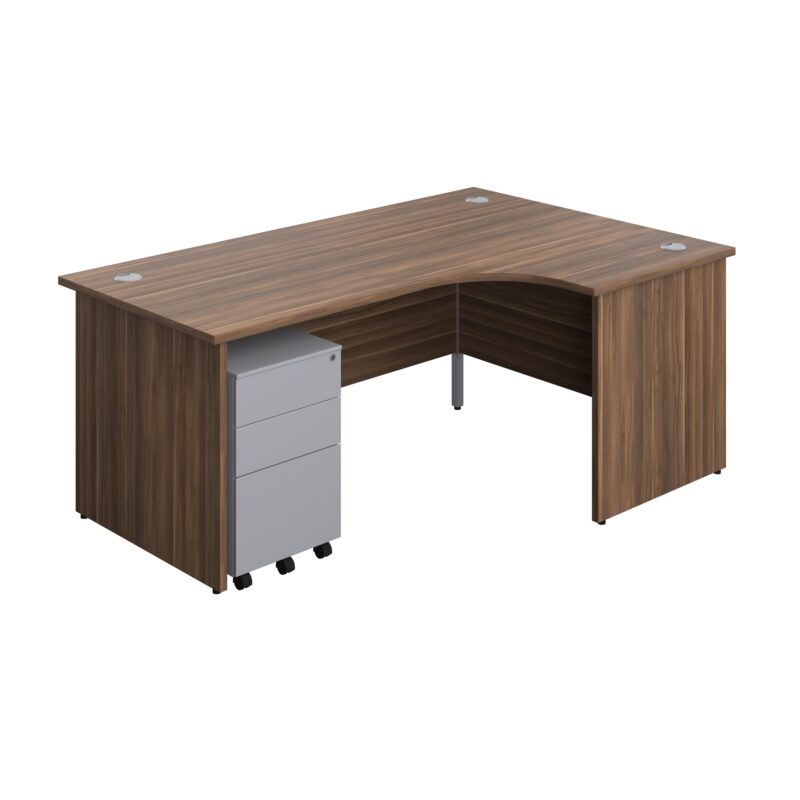 Panel Right Hand Radial Desk + 3 Drawer Steel Mobile Pedestal Bundle | 1800X1200 | Dark Walnut/Silver