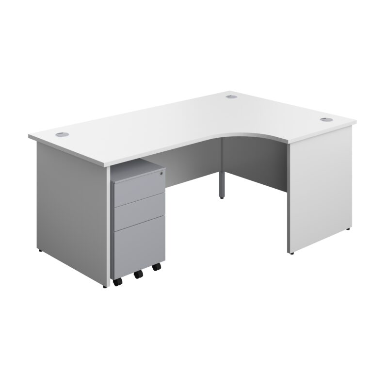 Panel Right Hand Radial Desk + 3 Drawer Steel Mobile Pedestal Bundle | 1800X1200 | White/Silver