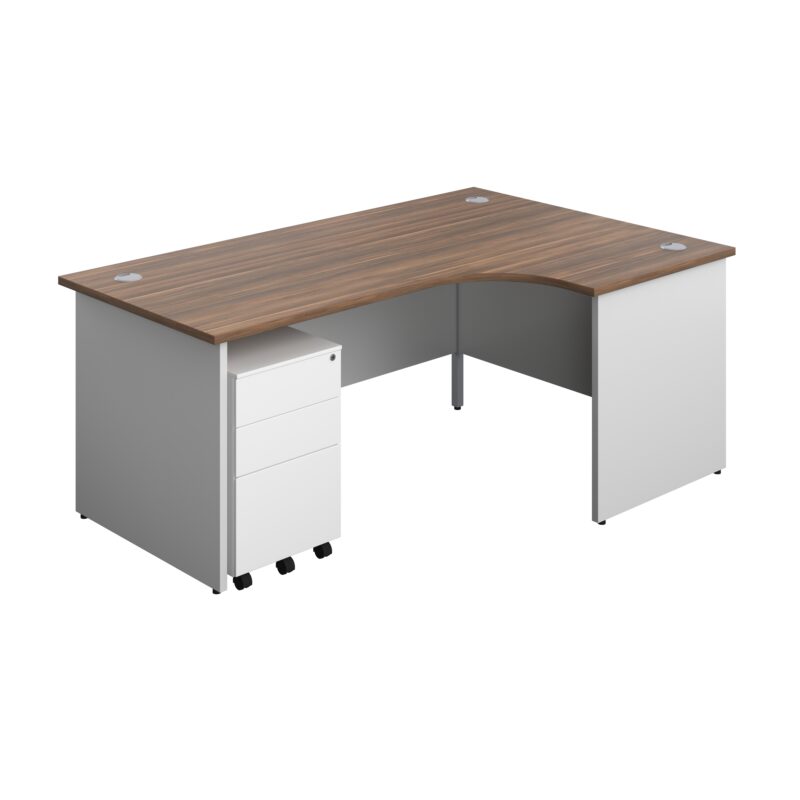 Panel Plus Right Radial Desk + 3 Drawer Steel Mobile Pedestal Bundle | 1800X1200 | Dark Walnut/White