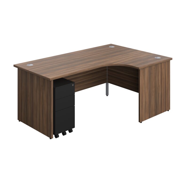 Panel Right Hand Radial Desk + 3 Drawer Slimline Steel Mobile Pedestal Bundle | 1800X1200 | Dark Walnut/Black