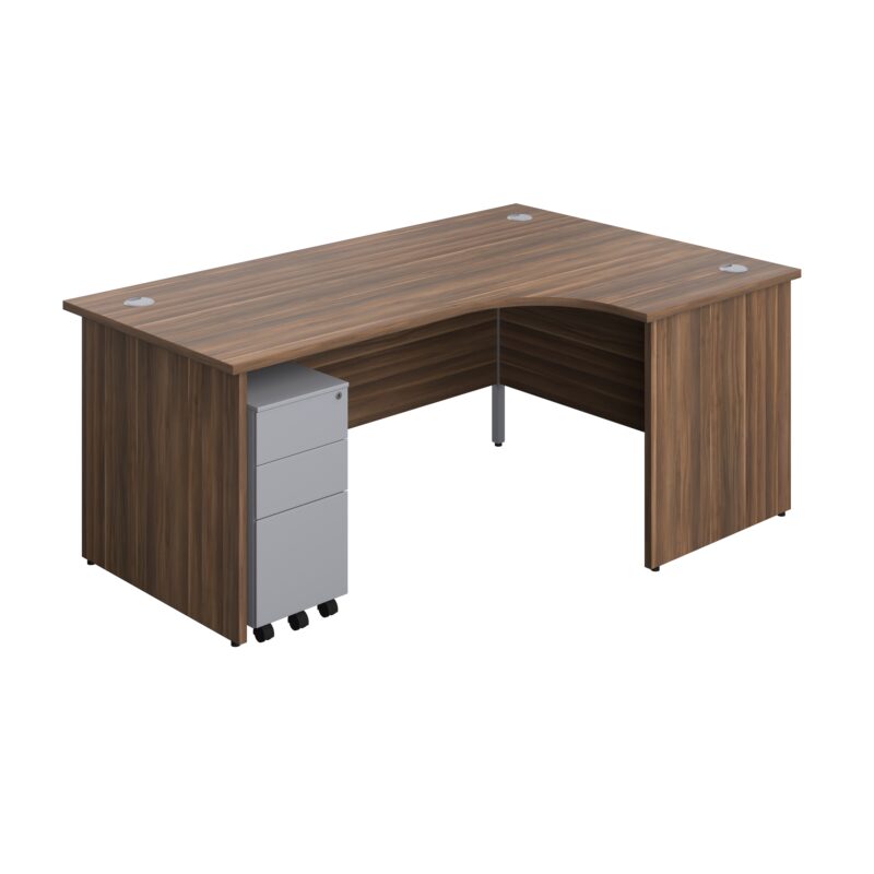 Panel Right Hand Radial Desk + 3 Drawer Slimline Steel Mobile Pedestal Bundle | 1800X1200 | Dark Walnut/Silver